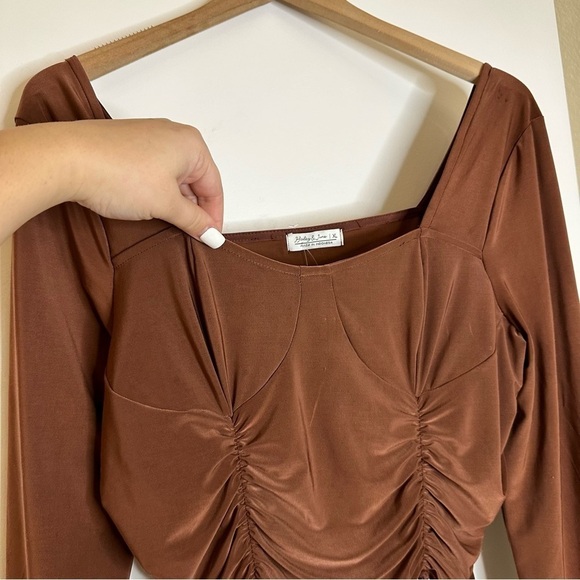 Haley&June Chocolate Ruched Detail Bardot Long Sleeve Crop Top Size XL - Picture 4 of 8